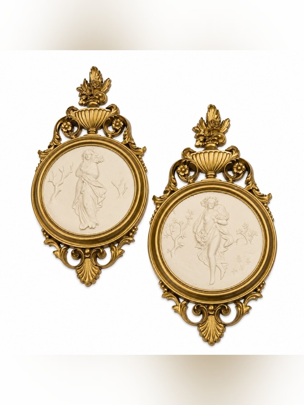 Vintage Syroco Neoclassical Gold Wall Plaques Set of 2 | Classical Lady Reliefs